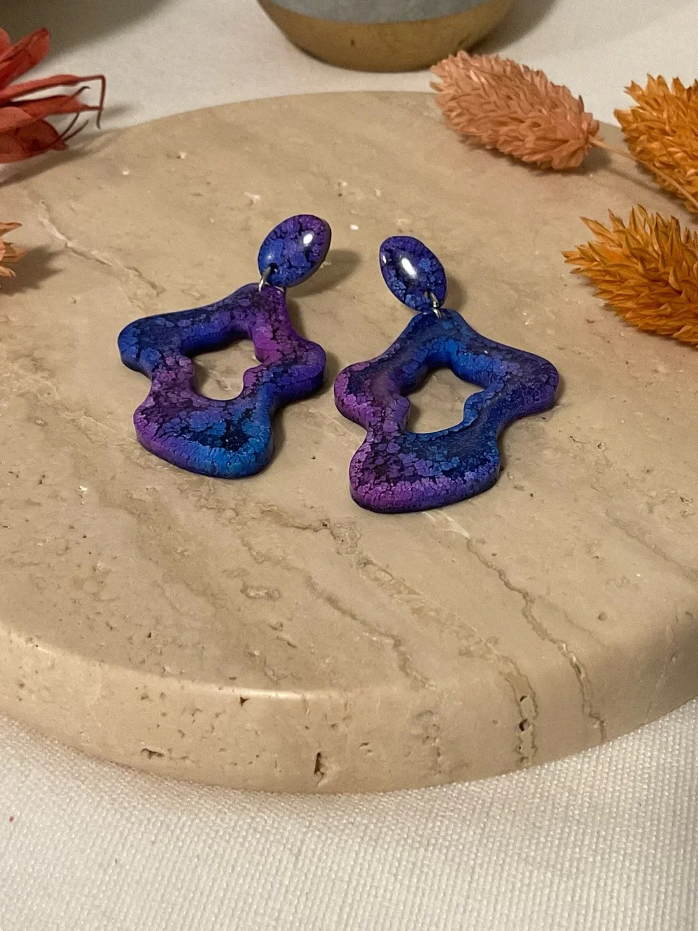 Handmade Blue Purple Resin Statement Earrings